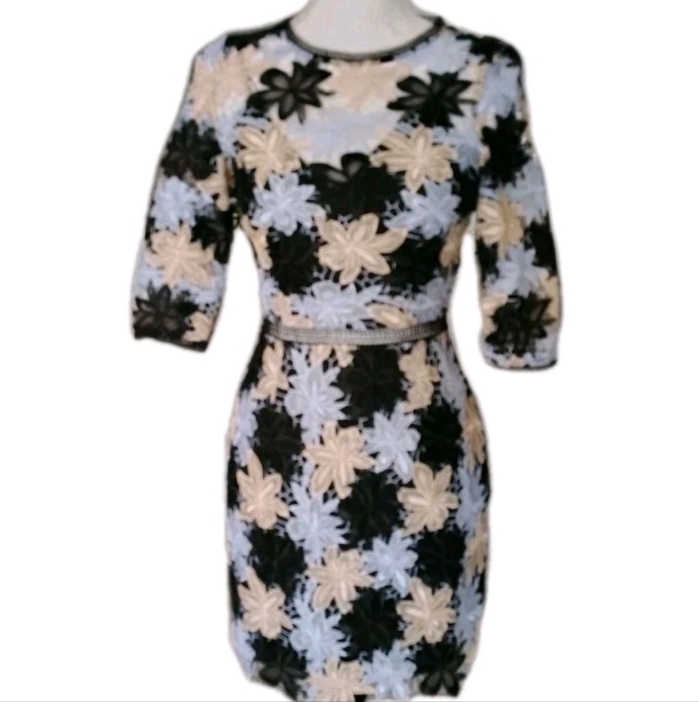 New Minuet Petite Black and Cream Floral Dress